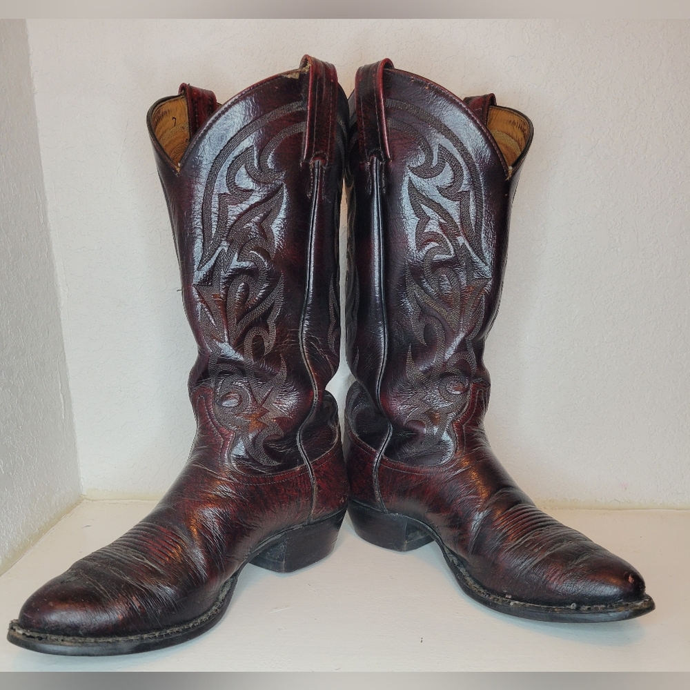 Tony‎ Lama Lonestar Calf Skin Western Burgundy Cowboy Boots Men's 8.5D USA